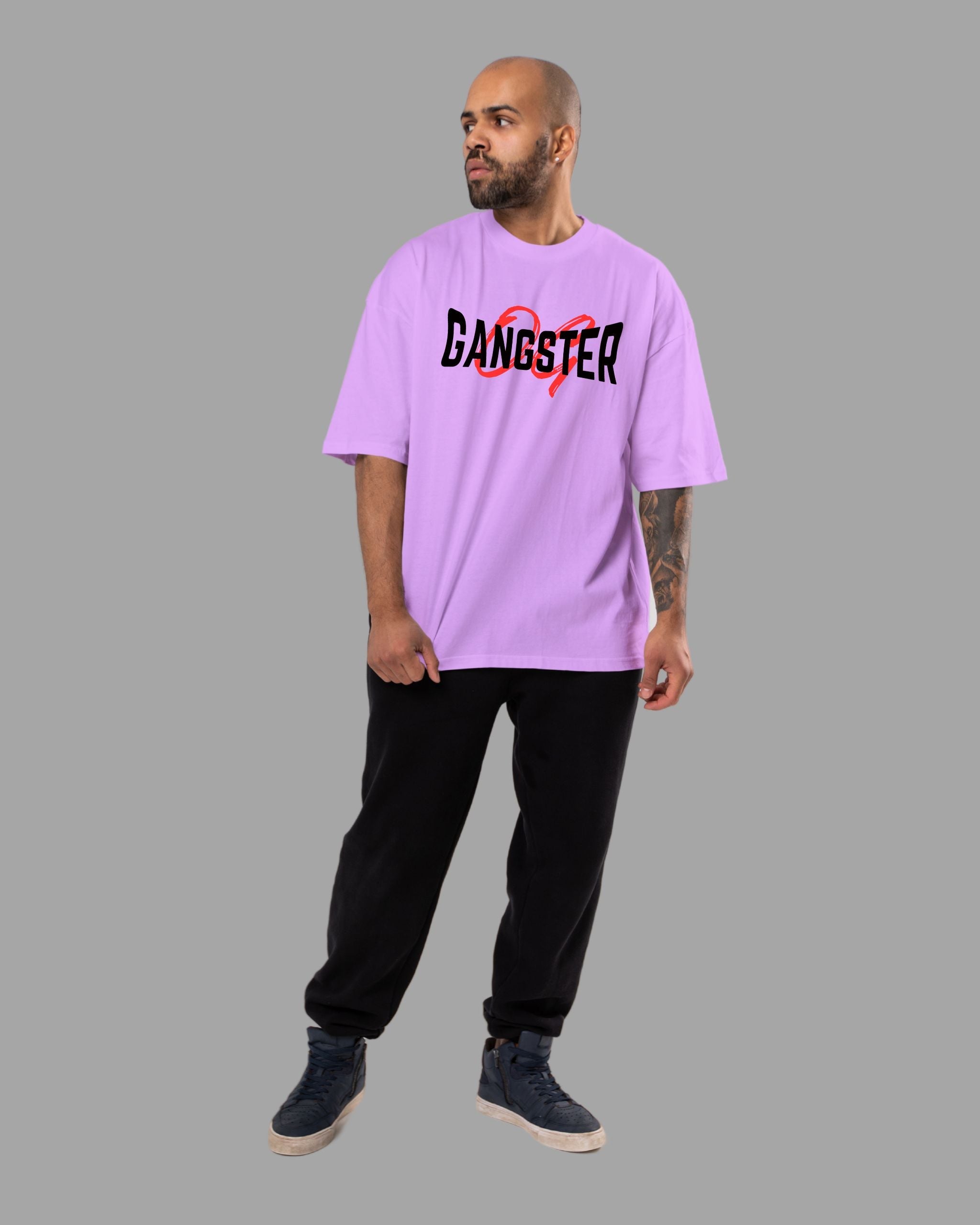 OG Gangster Good-Bad-Ugly AK Printed Cotton Lycra | Oversized T-Shirt Purple | L-AURAA