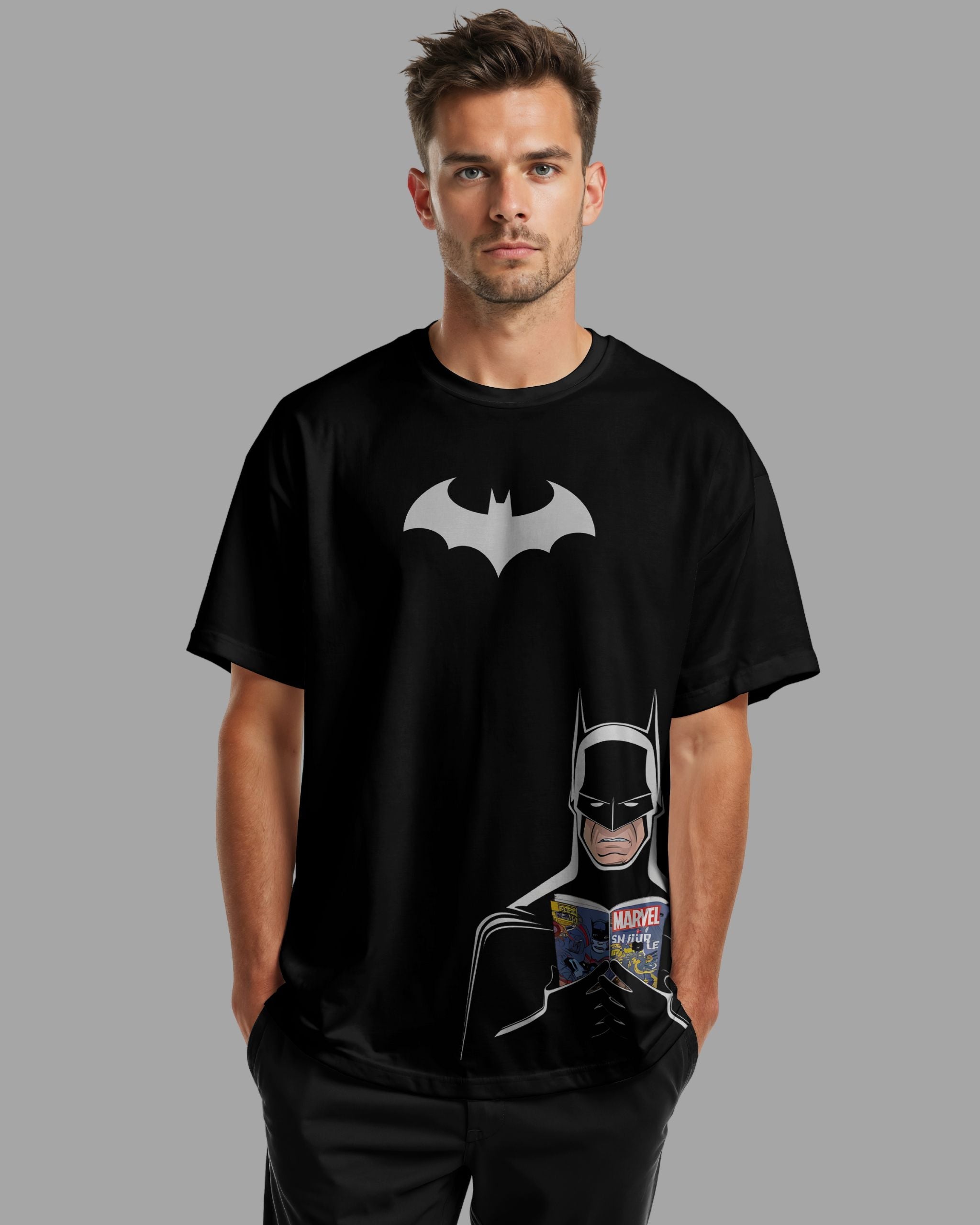 Batman Reading Marvel book Printed Oversized T-Shirt | L-AURAA