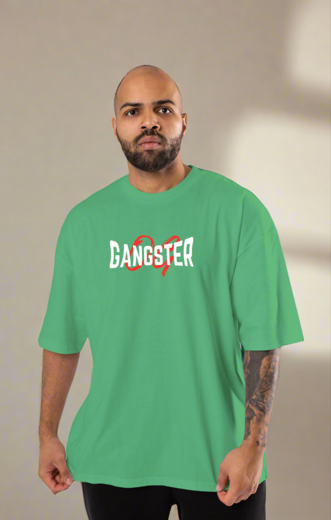 OG Gangster Good-Bad-Ugly AK Printed Cotton Lycra | Oversized T-Shirt green | L-AURAA