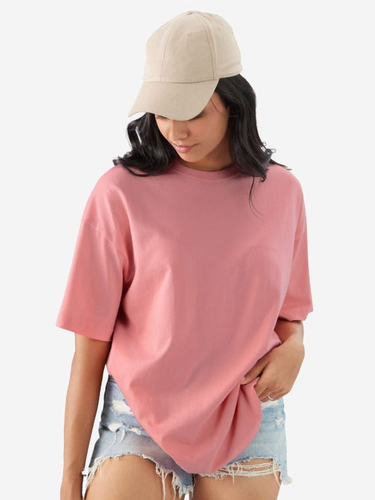 Women's Solid Pink Premium Cotton | Drop-shoulder T-Shirt | L-AURAA | Plain