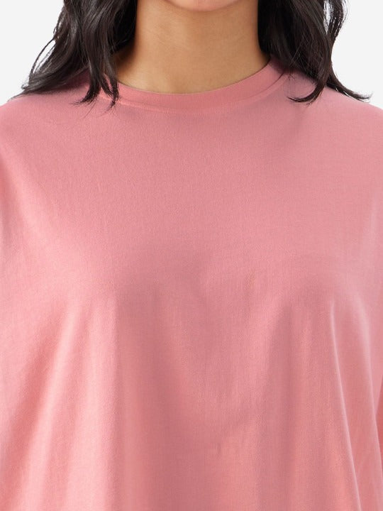 Women's Solid Pink Premium Cotton | Drop-shoulder T-Shirt | L-AURAA | Plain