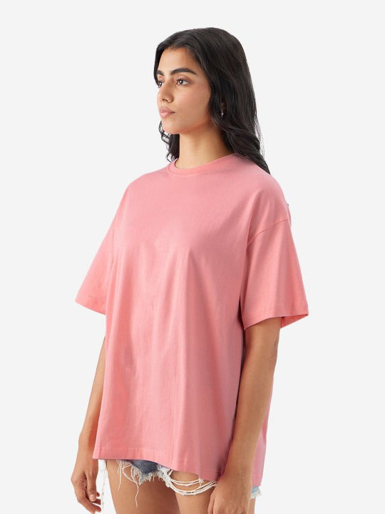 Women's Solid Pink Premium Cotton | Drop-shoulder T-Shirt | L-AURAA | Plain
