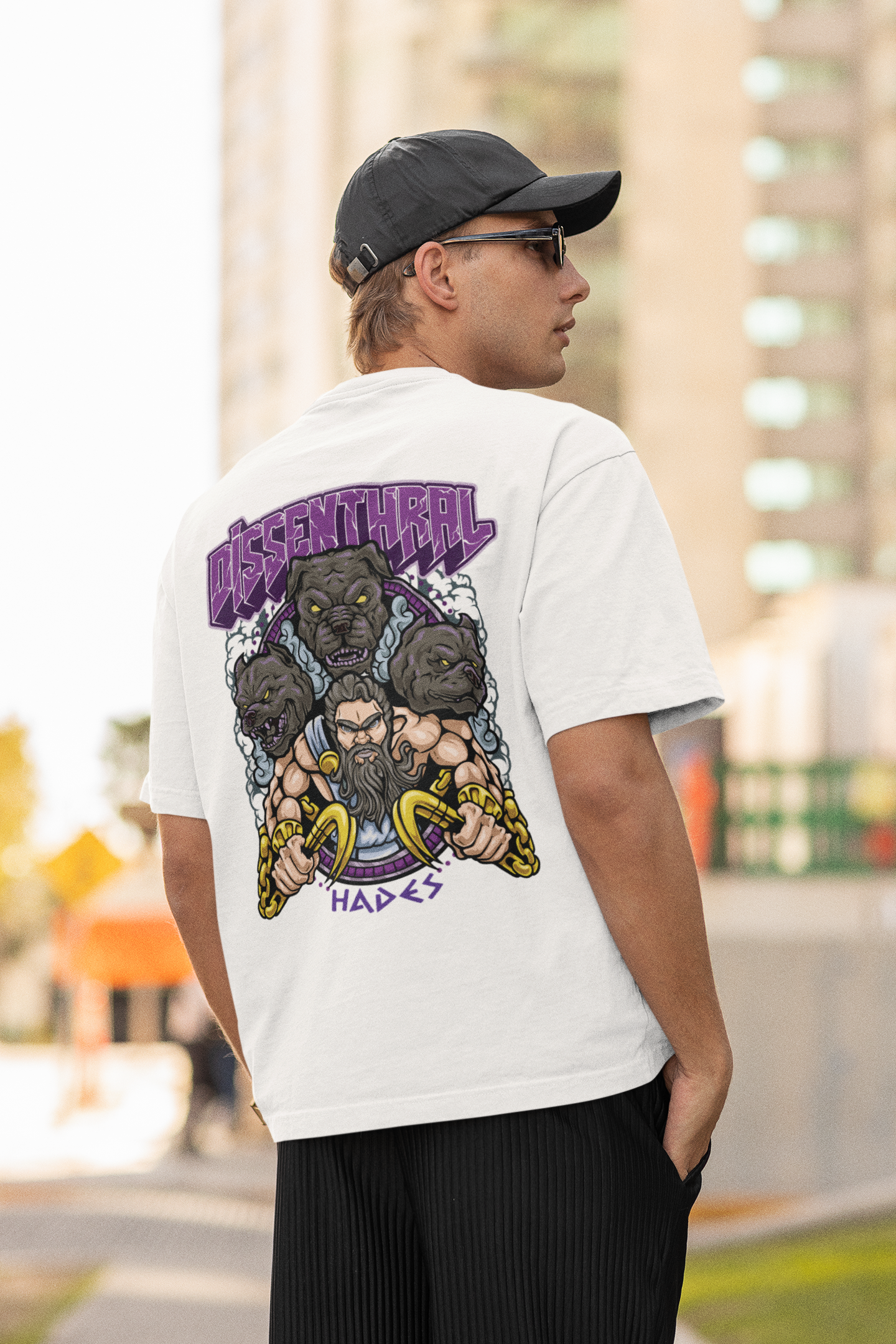 Dissenthral Hades Graphic Oversized T-Shirt - Mythical Cerberus Art | L-AURAA