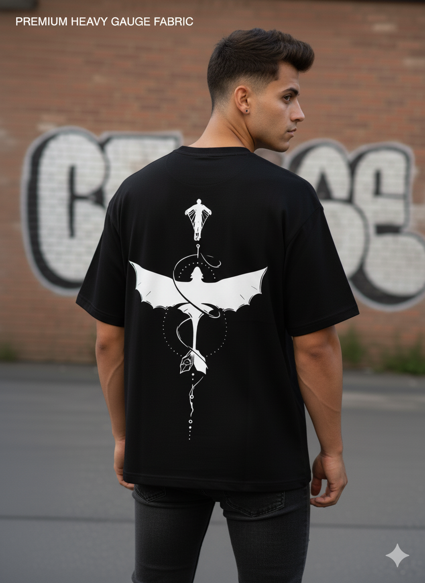 Shadow Flight Dragon Graphic Tee – Oversized Black Unisex T-Shirt